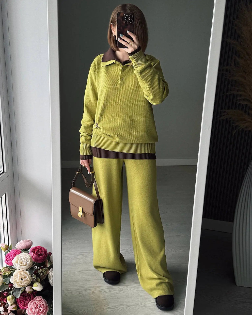 Hirsionsan Winter Thick Women Knitted Suits Soft 2 Pieces soft Female Sets Polo Neck Sweater & Wide Leg Pants Knitted Outfit - Matrix-studios.com