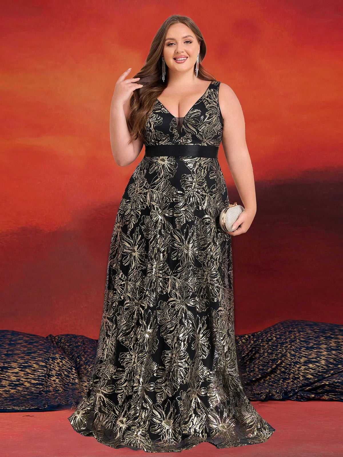 Plus Size Luxury Deep V-Neck Sequins Blue Evening Dress Women Elegant V-back Wedding Party Long Prom Cocktail Dresses - Matrix Studios