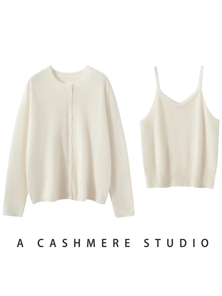 CHICUU Women's 100% Cashmere Sweater Vest Cardigan Set O-neck Long Sleeve Cardigan tank Vest Grace Simple Cashmere Knitted Suit - Matrix Studios