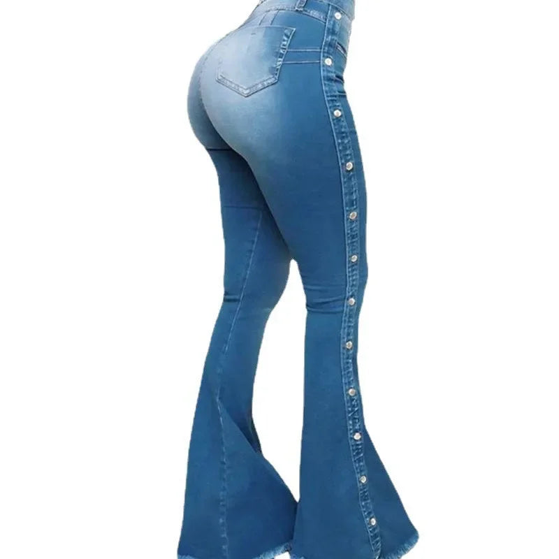 Jeans High Waist Strecth Denim Flare Pants Women Vintage Trousers Buttons Denims Streetwear 2024 Autumn Female Floor Length - Matrix-studios.com