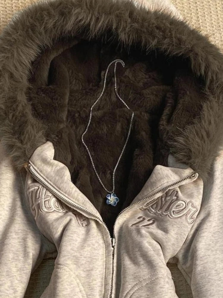 Y2k Aesthetic Vintage Fur Patchwork Hoodies Autumn Grunge Letter Embroidery Hoody Streetwear Cropped Zipper Sweatshirt Jackets - Matrix Studios
