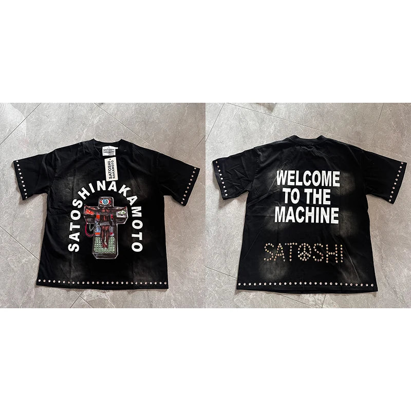 American Street Satoshi Mechanical Jesus Print t shirt Short Sleeve Washed Vintage Style Men's Tee Shirts Summer Trend Clothing - Matrix-studios.com