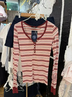 Pink Striped Slim Long Sleeve Tees Women Spring Casual Cotton O-neck Tshirt New Tops Clothes Sweet Cute  Vintage T-shirts Y2K - Matrix-studios.com
