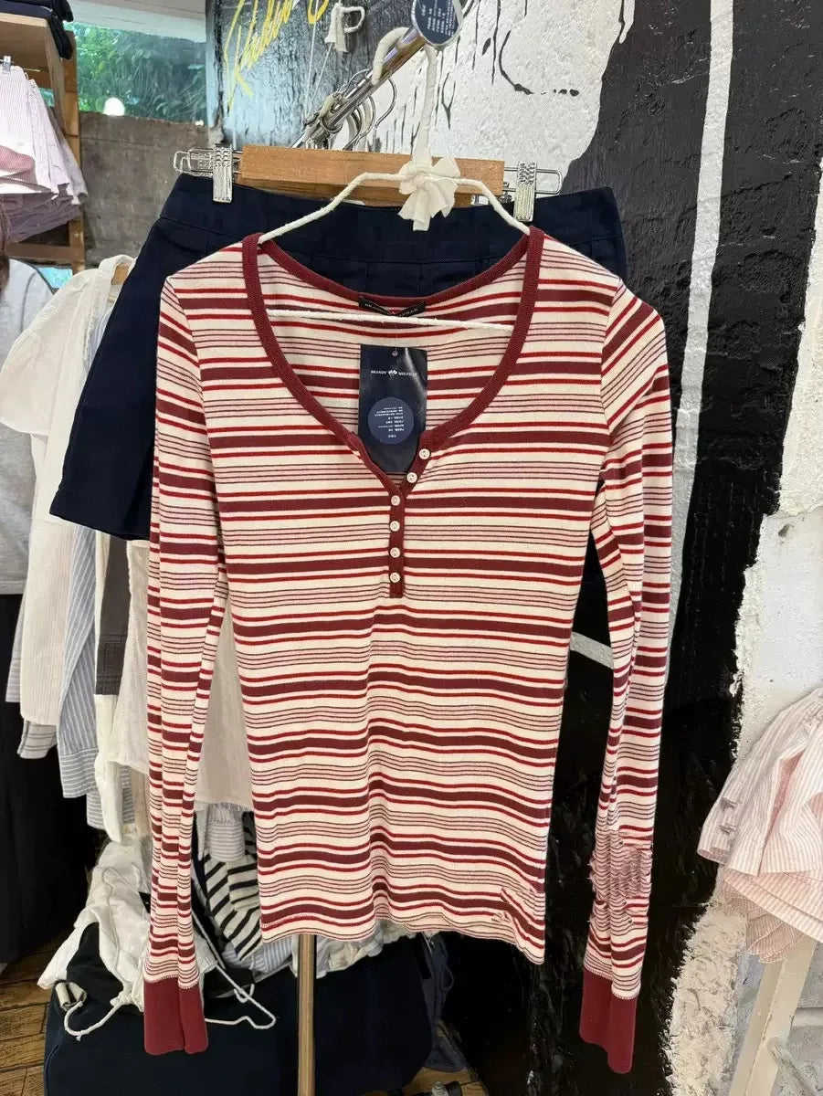 Pink Striped Slim Long Sleeve Tees Women Spring Casual Cotton O-neck Tshirt New Tops Clothes Sweet Cute  Vintage T-shirts Y2K - Matrix-studios.com