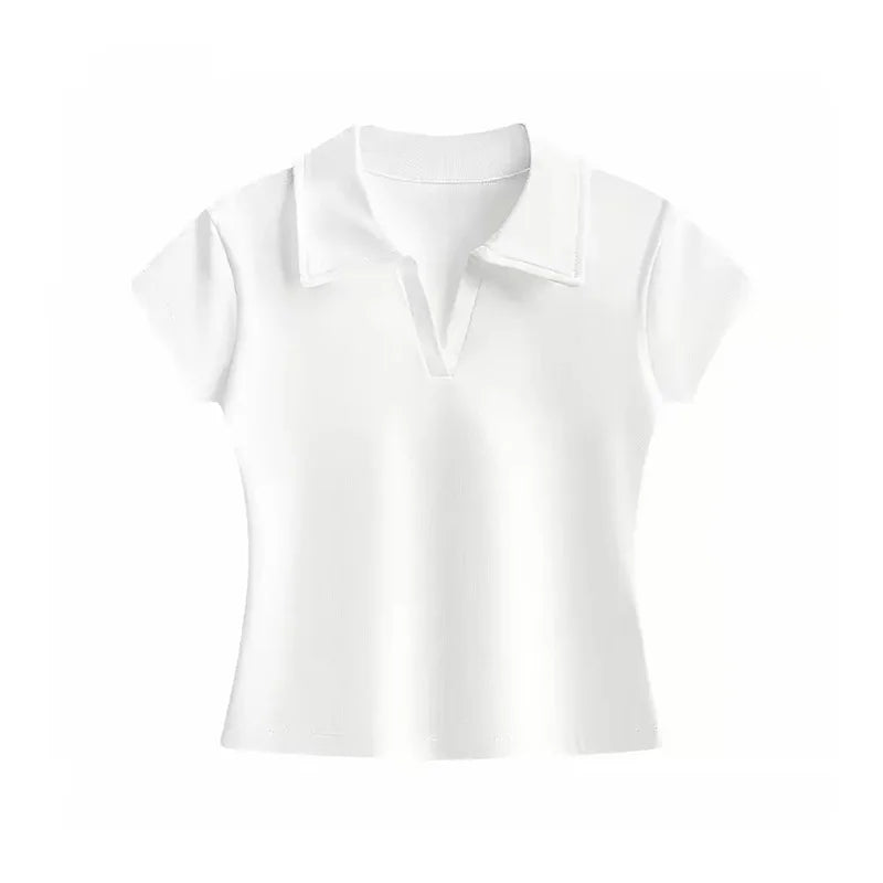 2026 Summer New Solid Color Ribbed Polo Collar Women T-shirt Korean Style Slim Short Sleeve Tee Minimalist Versatile Casual Top - Matrix-studios.com