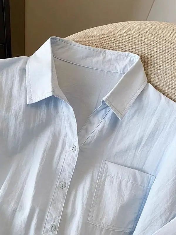 Blue  Neck Short Sleeve Shirt Women's Summer Loose Versatile Super Beautiful Blouse Small Figure Top Easy Care Fabric - Matrix-studios.com