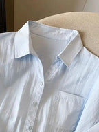 Blue  Neck Short Sleeve Shirt Women's Summer Loose Versatile Super Beautiful Blouse Small Figure Top Easy Care Fabric - Matrix-studios.com
