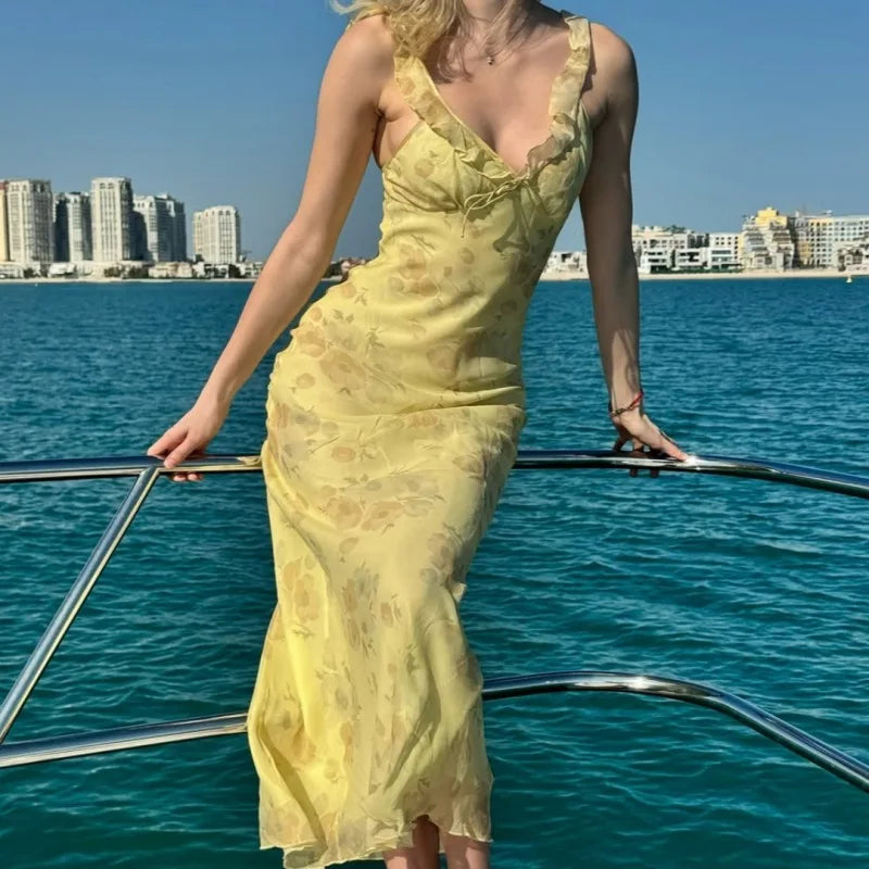 Cryptographic Summer Floral Print Plunge Maxi Dress Outfits Sexy Backless Fairy Sun Dresses Vacation Beachwear Vestido Coquette - Matrix-studios.com