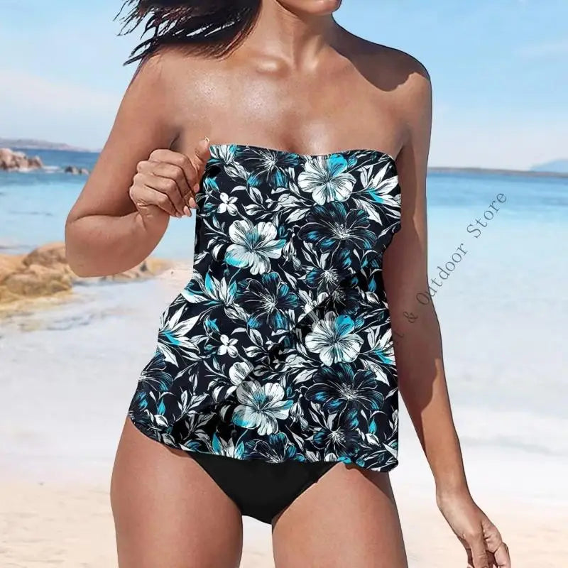 Strapless Tankini Swimsuits for Women 2 Piece Bathing Suits Bandeau Blouson Swim Top with Bottom - Matrix-studios.com