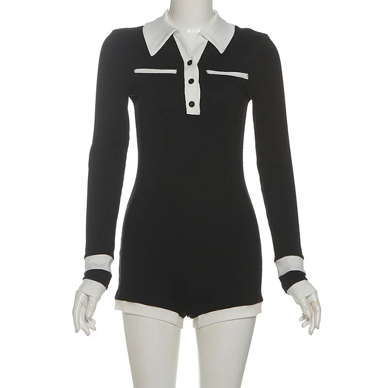 Color Patchwork Ribbed Skinny Playsuits 2025 Autumn Women Fashion Polo-neck Long Sleeve Buttons Slim Casual Rompers Streetwear - Matrix Studios