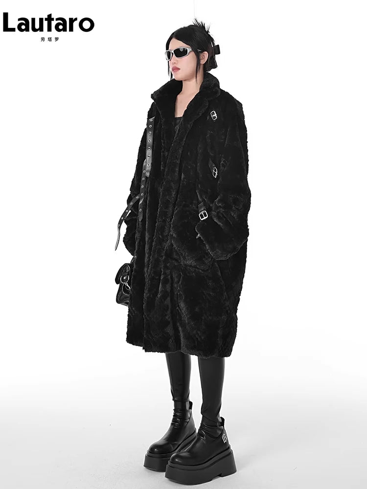 Lautaro Winter Cool Long Loose Casual Soft Thick Warm Black Fuzzy Faux Fur Coat Women Stand Collar Punk Style Fluffy Jacket 2023 - Matrix Studios