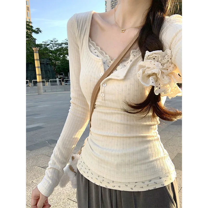 Women Vintage Faux Two-Piece Lace Patchwork T-Shirt Ribbed Knit Long Sleeve Top Square Neck Button Slim Y2K Casual Fall Tee - Matrix-studios.com
