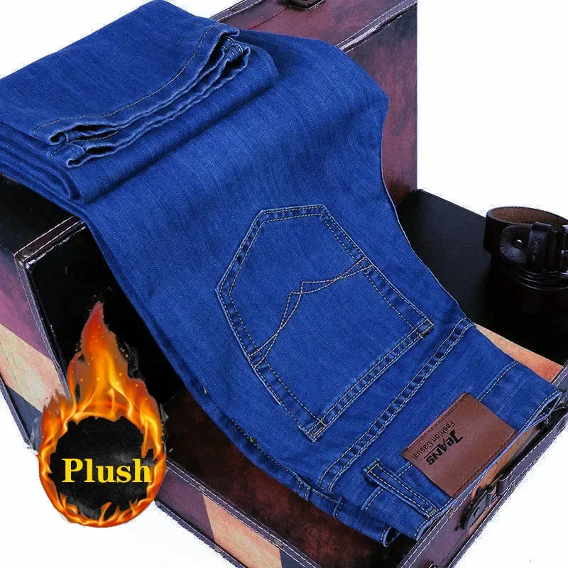 2025 New Business Casual Trousers Grey Fleece Men Clothes Black Blue Elasticity Warm Winter Jeans Velvet Jeans 28-40 - Matrix Studios