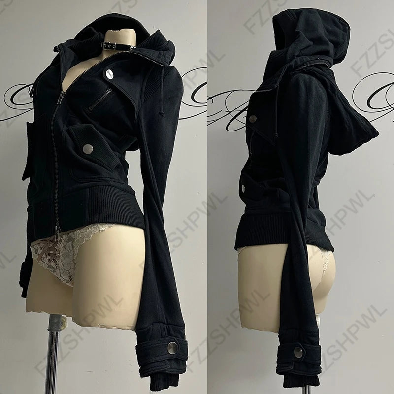 Gothic Y2K Women's Chic Hoodie Sexy Slim Casual Solid Color Female Cropped Sweatshirt Grunge Punk Vintage Aesthetics Streetwear - Matrix Studios