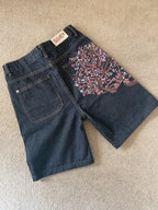Men Dark Wash Denim Shorts Back Pocket Cherry Blossom Embroidered Loose Fit Knee Length Vintage Streetwear Casual Summer Wear - Matrix Studios
