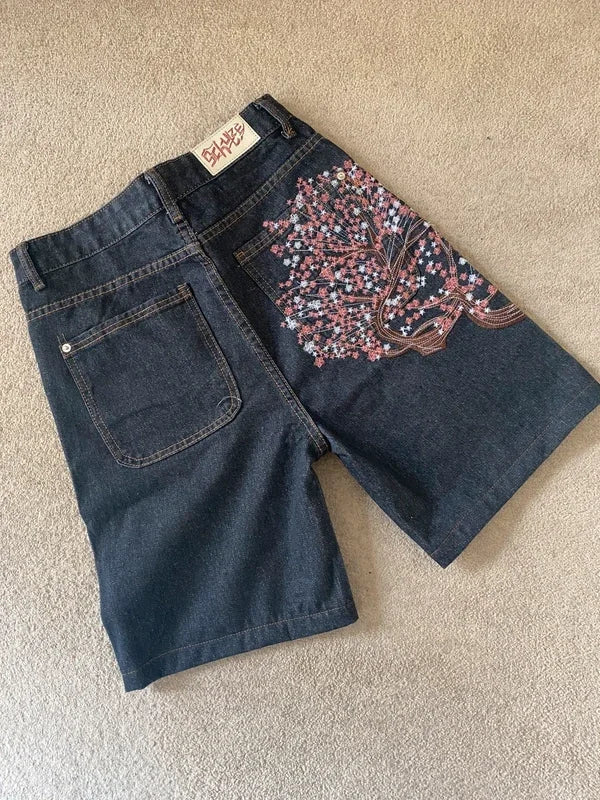 Men Dark Wash Denim Shorts Back Pocket Cherry Blossom Embroidered Loose Fit Knee Length Vintage Streetwear Casual Summer Wear - Matrix Studios