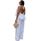 Two‑Piece Set Halter Tie‑Back Peplum Sleeveless Top & Wide‑Leg Pants Women Summer Backless Vacation Elegant Casual Matching Set - Matrix-studios.com