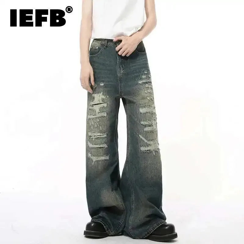 IEFB High Street Men's Denim Pants Hole Worn-out Streetwear Trousers Straight Wide Leg Casual Male Jeans New Autumn 2024 9C8513 - Matrix Studios