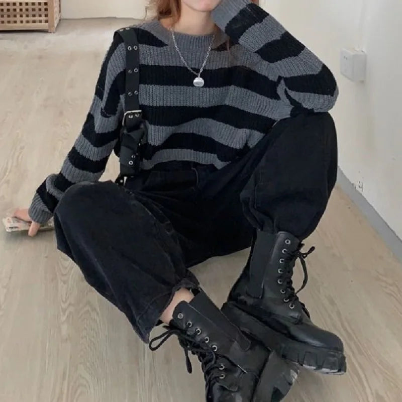 New Korean Style Striped Cropped Sweater Women Vintage Oversize Knit Jumper Female Autumn Long Sleeve O-neck Pullovers Tops - Matrix Studios