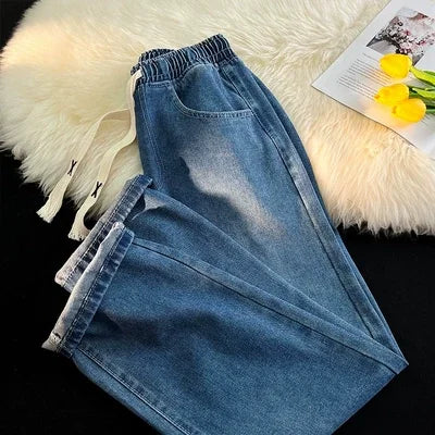 Thiened Fce Dstring Jeans Women's Winter New Sle Warm Straight Leg Loose Wide Leg High Waist Jeans Cotton Stretch D... - Matrix-studios.com