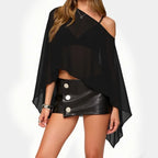 Women Sheer Mesh Poncho Top One Shoulder See Through Cape Blouse Asymmetrical Cover Up Beach Party Shrug Top - Matrix Studios