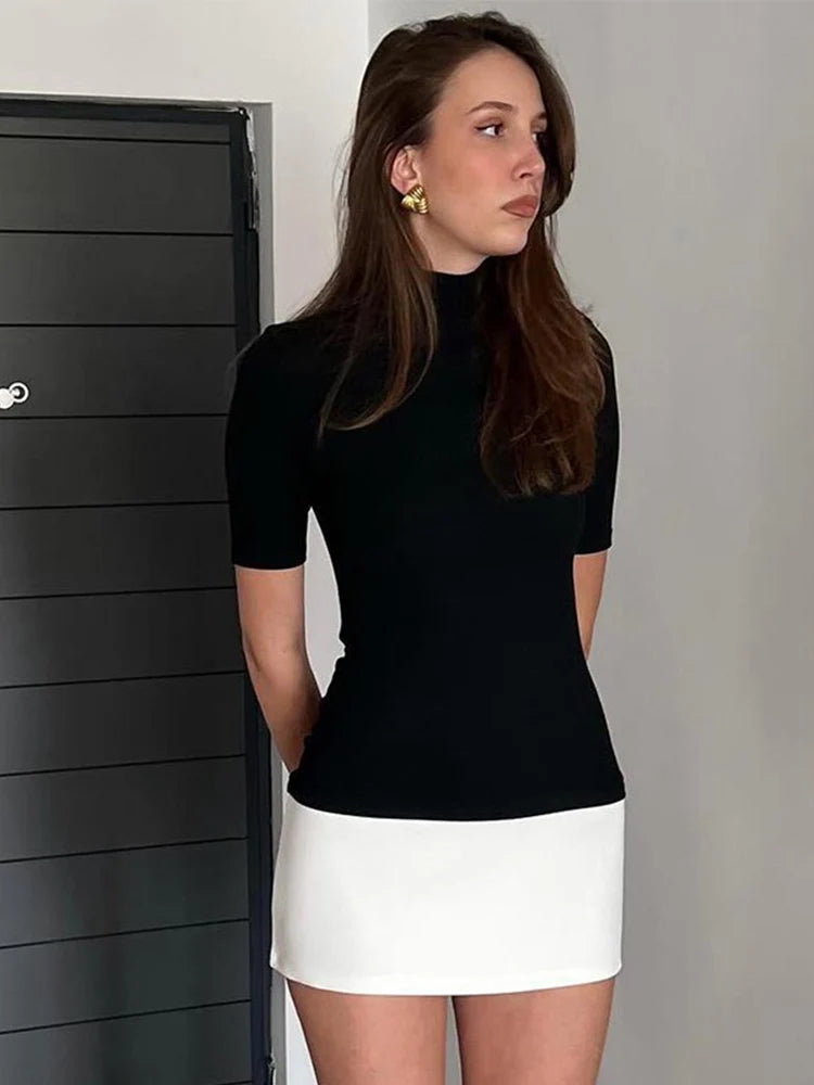 Summer 2025 Turtleneck Half Sleeve Mini Dresses French Style Fashion Elegant Black And White Patchwork Bodycon Dress - Matrix-studios.com
