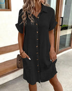 Vintage Women Solid Mini Dress Summer Fashion V-neck Three Quater Sleeve Cotton Linen Dress Ladies Casual Holiday Vestidos - Matrix-studios.com