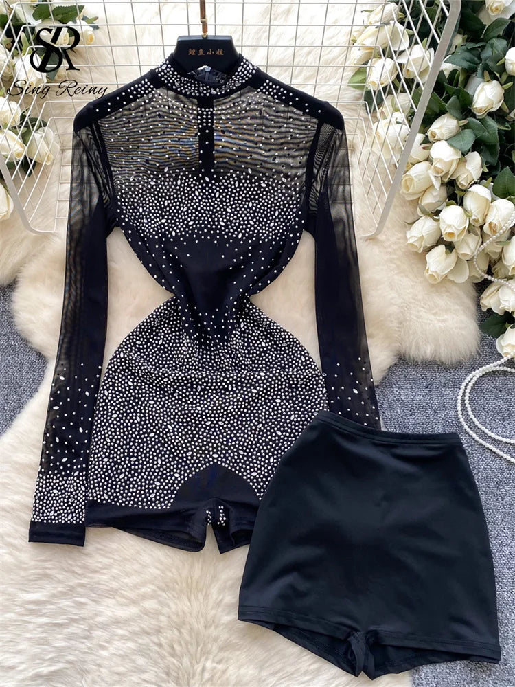 SINGREINY Summer Thin Sheer Sexy Bodysuit Long Sleeve Zipper With Shorts Design Rompers Beadings Streetwear Women Mesh Playsuits - Matrix Studios