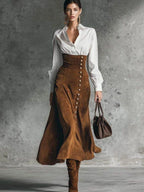 Women Two Piece Outfit Lapel Long Sleeve Shirt High Waist Side Button Flared Midi Skirt Casual Commute Matching Set For Women Daily Outdoor Wear - Matrix-studios.com