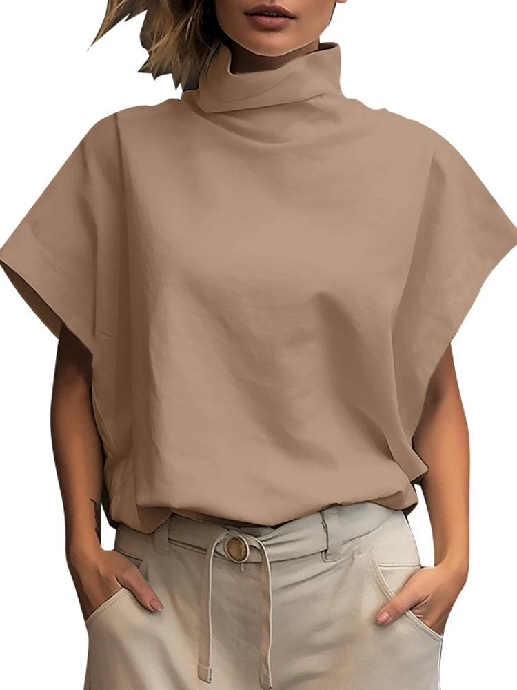 Women Fashion OL Work Shirt 2024 ZANZEA Summer Elegant Turtleneck Short Sleeve Blouse Casual Loose Office Tops Party Blusas - Matrix-studios.com
