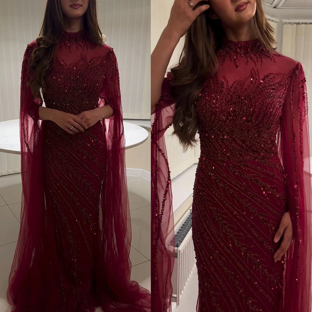 Eshaut&bridal Luxury Beaded Evening Dress Cape Sleeve Dubai Sheer Neck Mermaid Formal Prom Wedding Party Gown Customized 2026 - Matrix Studios