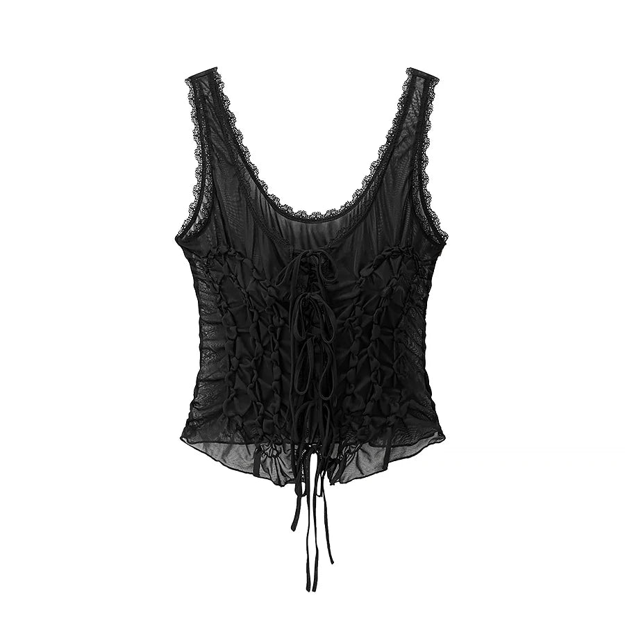 DUOPERI Women Y2K Fashion Solid Pleated Lace Up Slim Fitting Camisole Straps V-Neck Female Chic Lady Casual Tank Tops - Matrix-studios.com