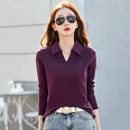 New Women Spring Summer Long Sleeve Cotton T-shirt Fashion Turn-down Collar Loose Polo Tees Simplicity Casual Basic T-shirt - Matrix-studios.com