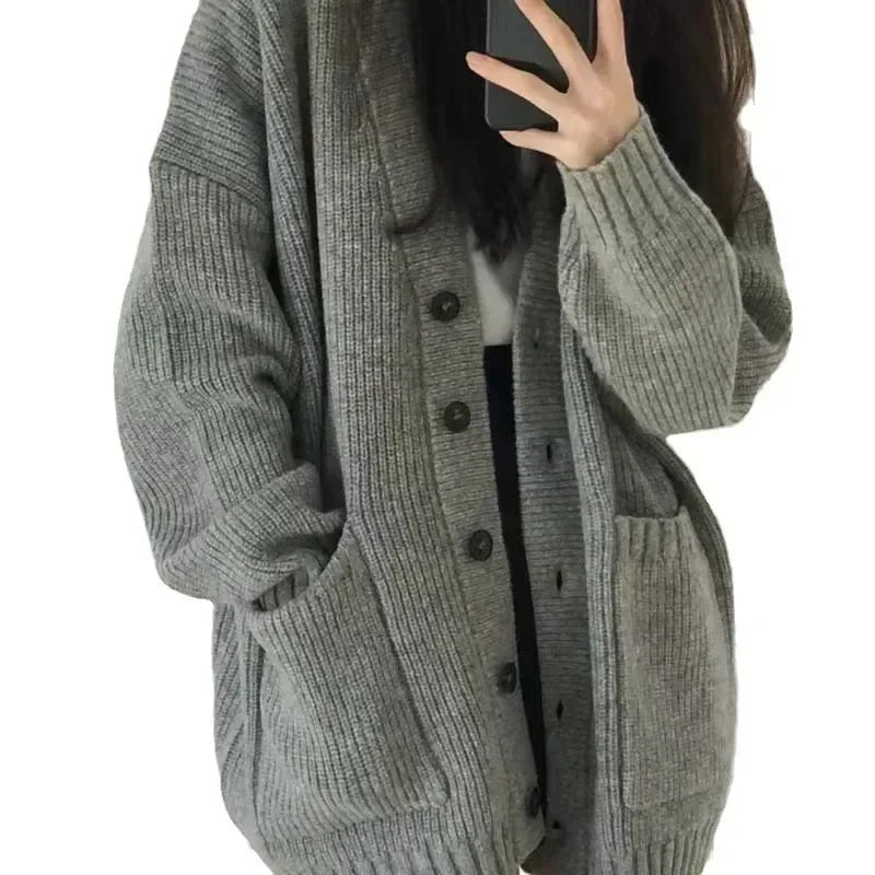 Korean College Style Single Breasted Cardigans Loose and Lazy V-neck Big Pocket Knitted Cardigan Women's Popular Coat Sweater - Matrix Studios