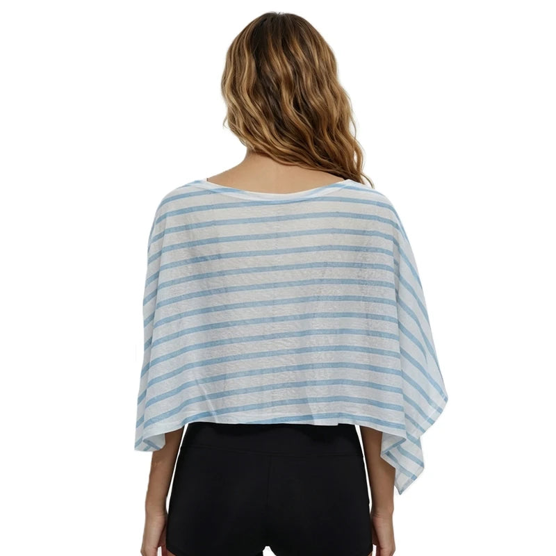 Boho Striped Asymmetrical Bikini Cover Up Top Off Shoulder Sheer Loose Blouse Shawl Women Beach Pool Holiday Wear Shirt Shrug - Matrix Studios