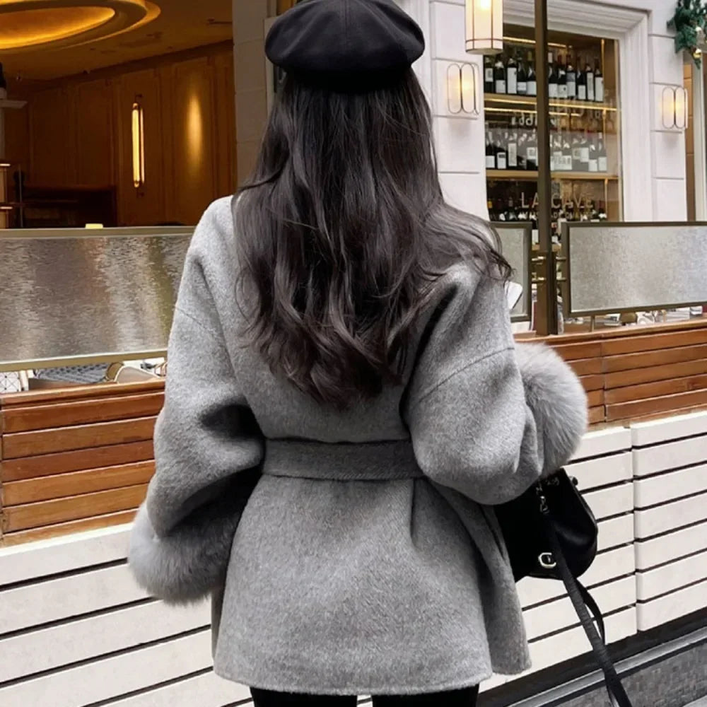 High End Double-sided Wool Strapping Real Wool Fur Coat Women's Removable Cuffs Fox Fur Temperament Cashmere Short Jacket - Matrix Studios