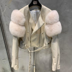 Leather Jacket Factory Ladies Short Leather Jacket Real Fox Fur Sleeve Coat Women Autumn 21001 - Matrix Studios