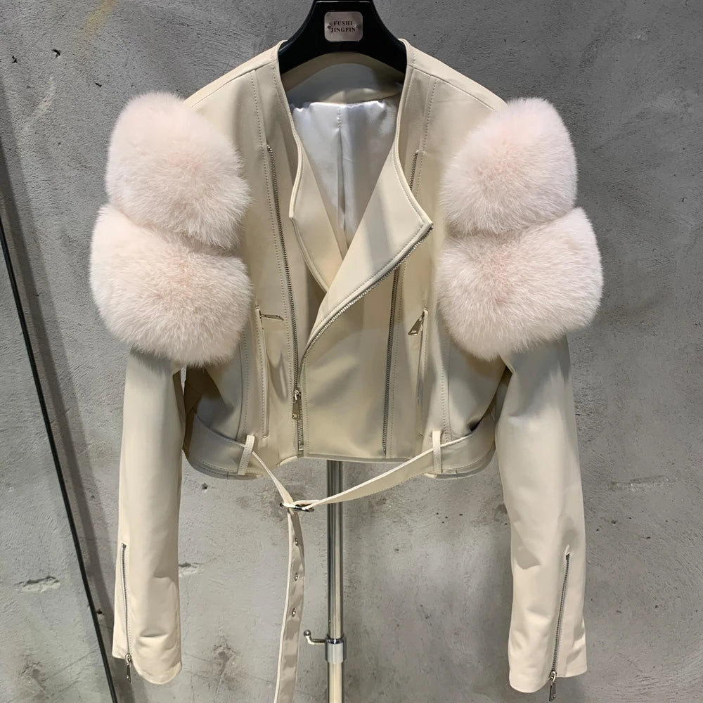GO BALLISTIC YA Ladies' Genuine Leather Jacket with Fur Sleeve Women's Natural Lambskin Outfit - Matrix Studios