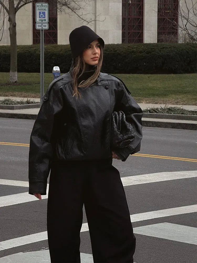 HH 2026 Women Trend Pu Leather Black Coats Stand Collar Long Sleeve Zipper Jacket Woman Fashion Vintage High Street Pu Jackets - Matrix Studios