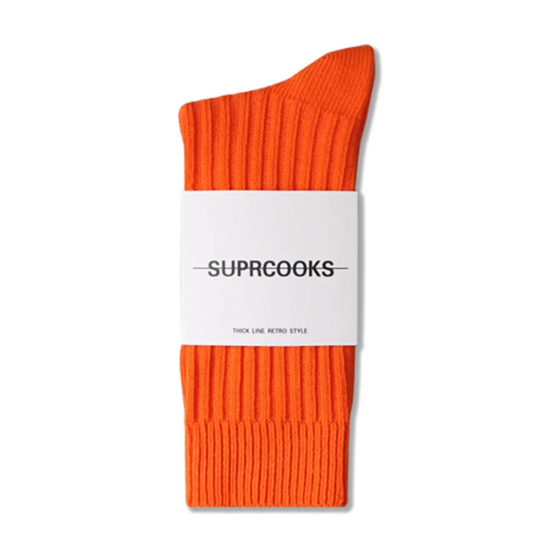 Solid Color Women Middle Tube Socks Candy Color Trend Men Socks Pure Cotton Comfort Retro Thick Lines Winter Socks - Matrix Studios