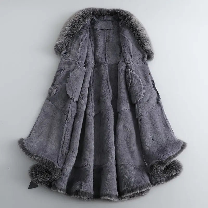 2023 Winter New Rabbit Fur Integrated Women's Coat Long  Genuine Leather Fur Fox Fur Collar Slim Fit Coat - Matrix Studios
