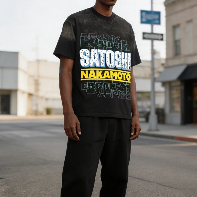 Europe America Trend Street Brand Satoshi Nakamoto T Shirts Colorful Letter Prints Washed Short-sleeved Men Women Loose Top Tee - Matrix-studios.com