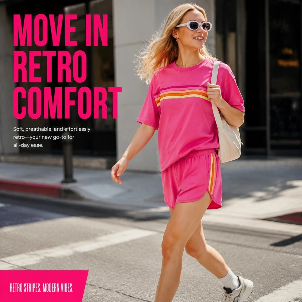 2 Piece Women's Short Set Short Sleeve Crew Neck T Shirt and Elastic Waist Shorts Retro Rainbow Striped Casual Lounge Wear Matching Outfit Relaxed Fit with Curved Hem Side Split for Streetwear Vacation Summer - Matrix-studios.com