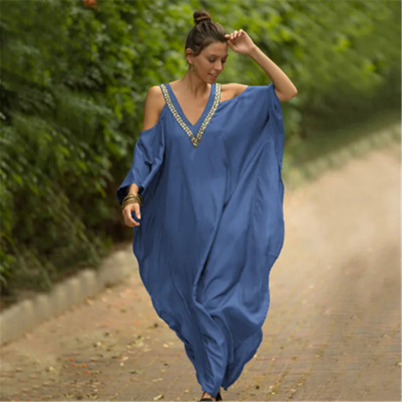Kaftan Dresses Swimsuit Cover Up Maxi Dress Beach Wear Turkish Cold Shoulder Beach Outifits Summer Vacation - Matrix Studios