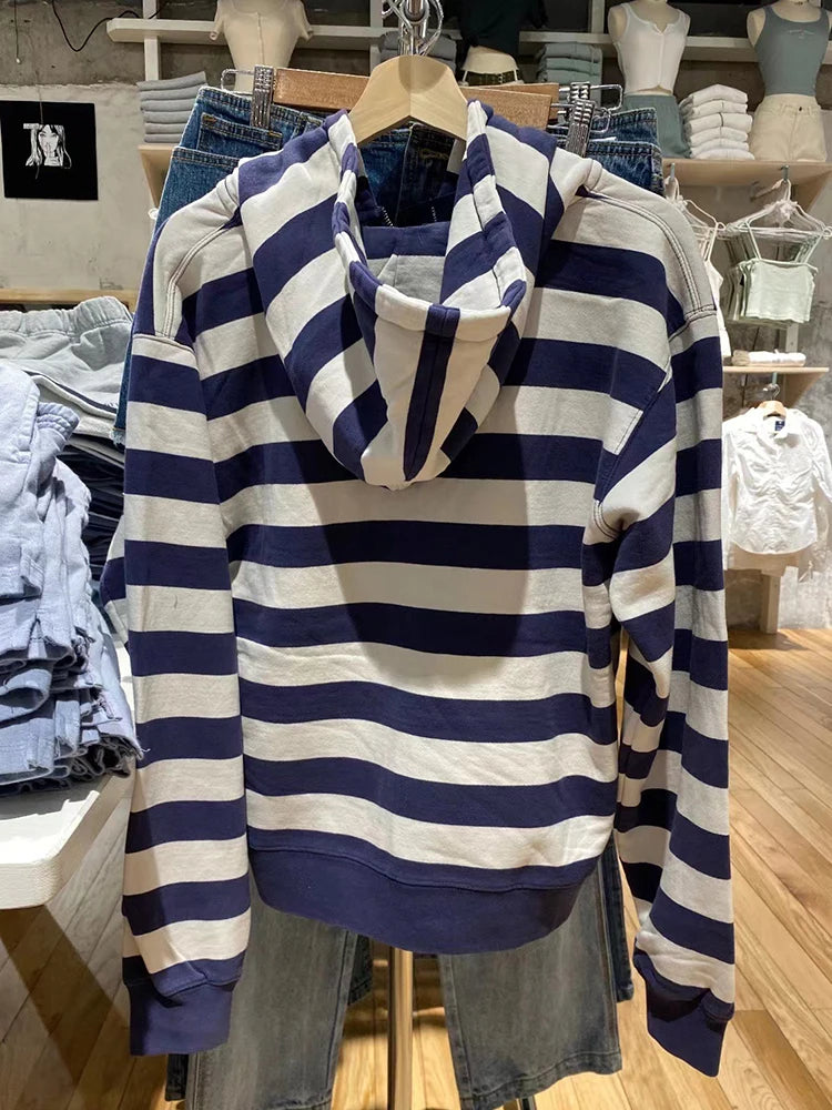 Striped Patchwork Zip-up Hoodie Autumn Cotton Pocket Drawstring Hooded Sweatshirt Women Y2k Streetwear Vintage Loose Tops Jacket - Matrix Studios