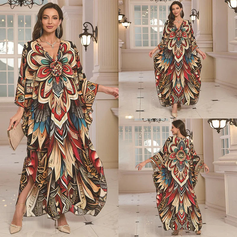 Kaftan Dresses for Women Wave Neck Swimsuit Cover Up Caftan Dress Plus Size Oversized Long Beach Dress - Matrix Studios