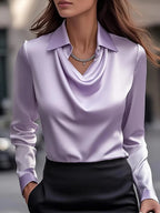 Elegant Women's Satin Shirt Blouse New Print V-neck Swing Neck Long-sleeved Solid Color Loose Shirt Casual Top Office Ladies - Matrix-studios.com