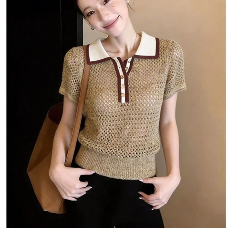 Vintage Knit Short Sleeve Tees Women Button Contrast Color Fashion Hollow Out Polo Neck Tshirts Bright Thread Printed T-Shirts - Matrix-studios.com
