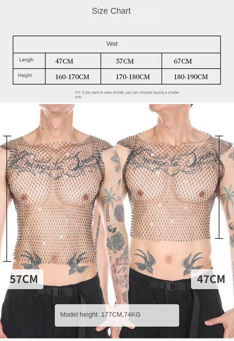 Men Sexy Tank Tops Fishnet Rhinestone Shiny Hollow Vest Man Mesh See-Through Sleeveless T-Shirt Transparent Clothing - Matrix Studios