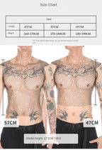 Men Sexy Tank Tops Fishnet Rhinestone Shiny Hollow Vest Man Mesh See-Through Sleeveless T-Shirt Transparent Clothing - Matrix Studios